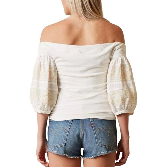 Free People NWT Rock With It Embroidered Knit Blouse Ivory Puff Sleeve Size S - Picture 4 of 11